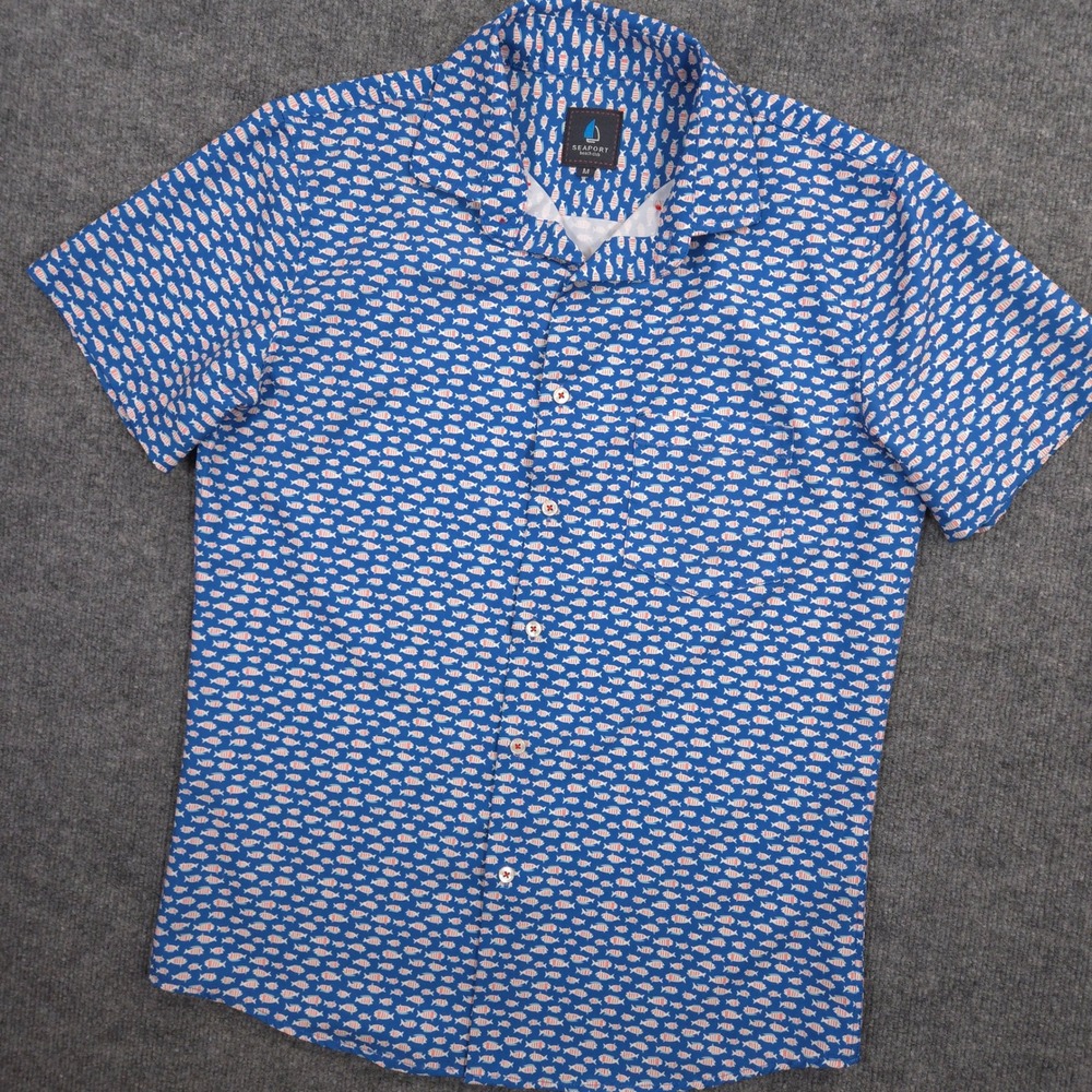 Seaport Beach Club Shirt Mens M Blue Fish Print AOP Performance Short Sleeve